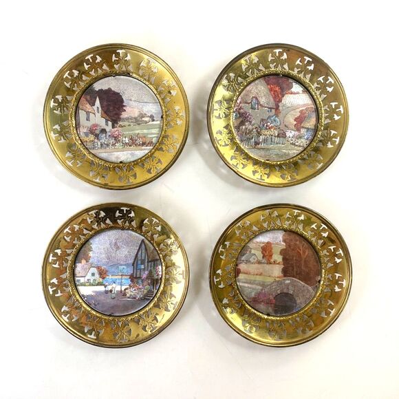 4 Vintage Solid Brass Made In England Picture Wall Hangings Foil Country Village - Picture 1 of 9